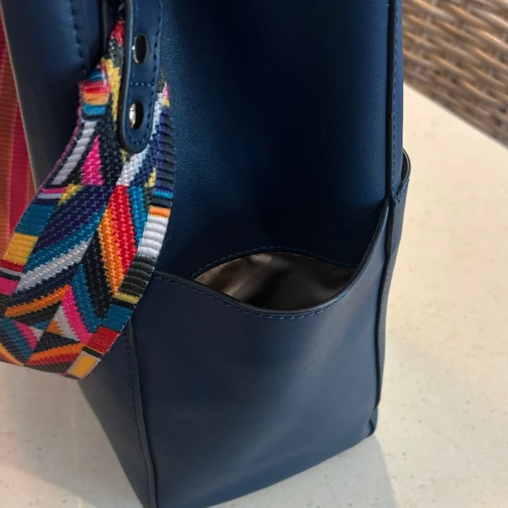 Bostanten Lotty Leather Hobo Bag in Navy Blue with Colorful Strap - Picture 11 of 14